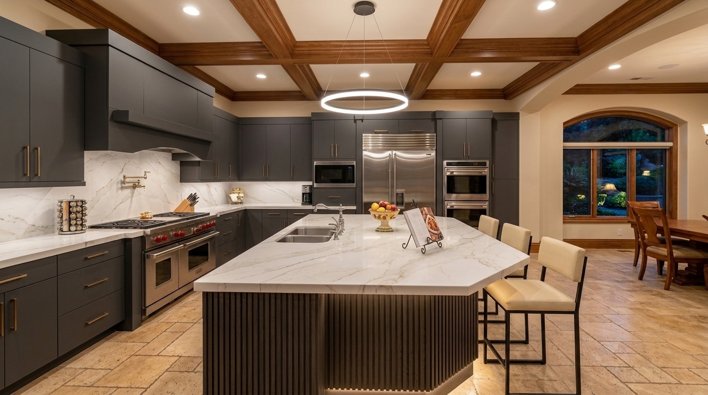 Cozinha renovada com revestimento arquitetônico preto ultra-matte e madeira nobre