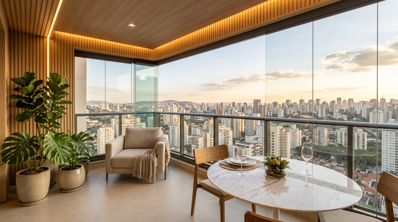 Sacada gourmet de alto padrão com película de conforto térmico SunTek instalada em Belém